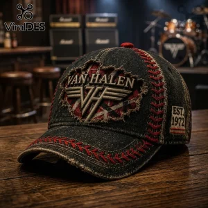 Dark denim distressed baseball cap with red stitching, retro rock band 'VAN HALEN VH EST. 1972' logo!