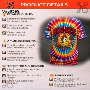 Multicolor tie dye t-shirt featuring Buc-ee's logo with palm trees and hibiscus flowers, text reads EST 1982.!