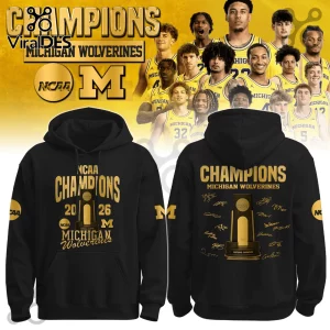 Black Michigan Wolverines hoodie with gold CHAMPIONS NCAA text and team trophy graphic on front and back!