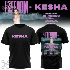 Black t-shirt featuring Kesha The Freedom Tour graphic with purple text and beach photo on back and front center!