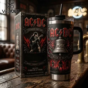 ACDC rock band tumbler with straw and gift box featuring red lightning graphics and Angus Young on a black metallic finish!