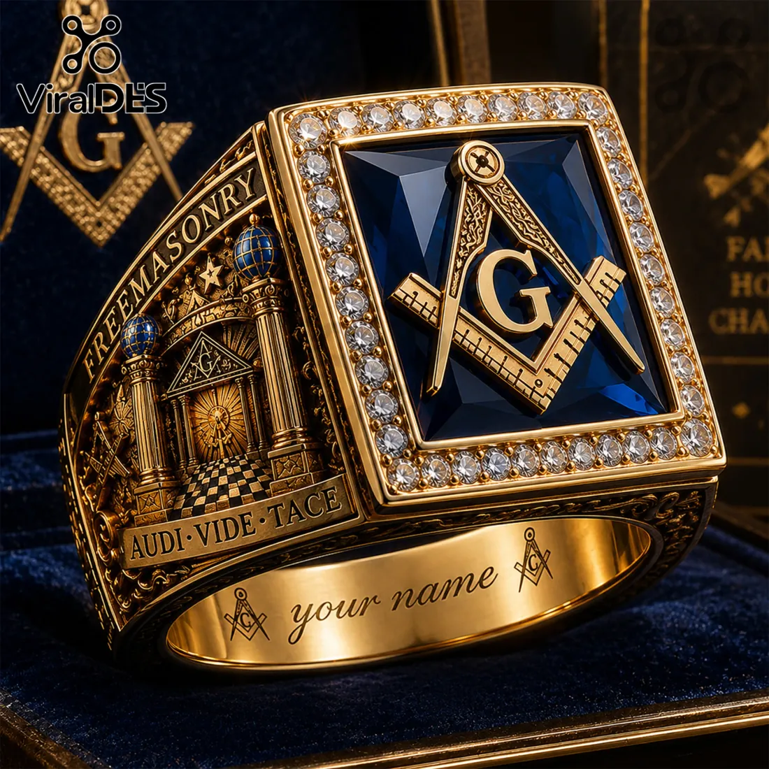 Freemasonry Gold Blue Stone Custom Engraved Ring Freemasonry Gold Blue Stone Custom Engraved Ring