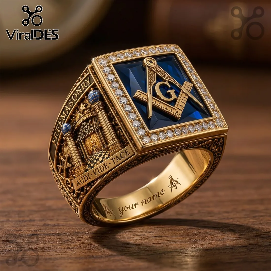 Freemasonry Gold Blue Stone Custom Engraved Ring Freemasonry Gold Blue Stone Custom Engraved Ring