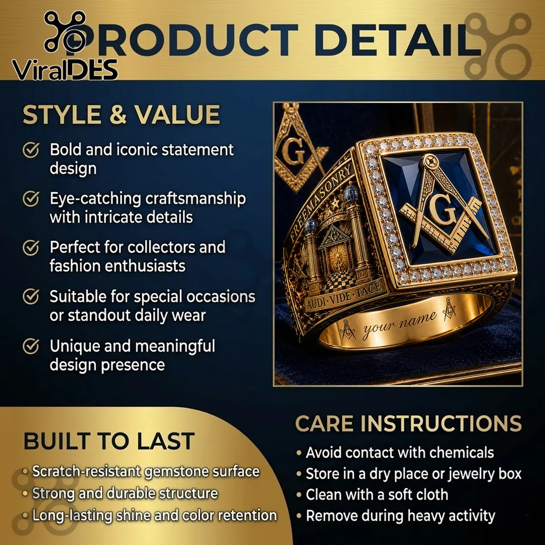 Freemasonry Gold Blue Stone Custom Engraved Ring Freemasonry Gold Blue Stone Custom Engraved Ring