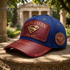 Blue and maroon Superman baseball cap with gold metallic logo patch and text reading 88th Anniversary and Your Name!