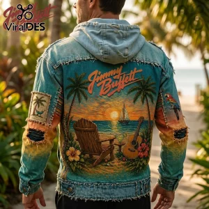 Distressed denim hooded jacket with retro Jimmy Buffett tropical beach sunset graphic, palm trees, sailboat, guitar, parrot, hammock patch!