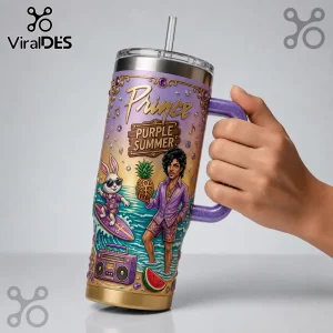 Purple gold glitter tumbler, pop art Prince cartoon, surfing bunny, boombox, 'Prince PURPLE SUMMER' text!
