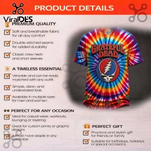 Multicolor tie dye Grateful Dead t-shirt with classic skull and bolt logo and dancing bear graphics!