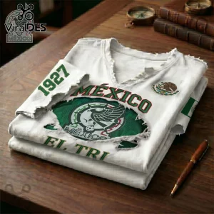 Distressed white retro Mexico soccer tee with green 1927, red MÉXICO text, eagle crest, EL TRI, and flag detail!