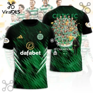 Green and black Celtic FC champions soccer jersey with team photo and 2025 2026 graphics!