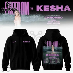 Black hoodie featuring Kesha The Freedom Tour graphic with pink text and photo print on back and small logo on front!