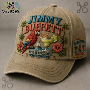 Tan baseball cap with embroidered Jimmy Buffett text, parrot, margarita, palm trees, and Parrothead Forever side patch!