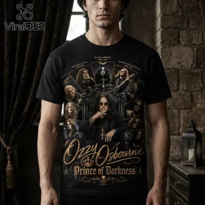 Black vintage rock tee with Ozzy Osbourne collage design, featuring Black Sabbath, Prince of Darkness text in gold!