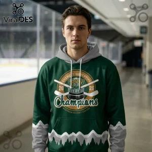 Green and gray hockey hoodie with gold Everett Silvertips logo, crossed sticks, puck with Everett Champions text, Western Hockey League!