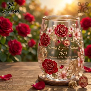 Stemless wine glass with Delta Sigma Theta text, red roses, elephants, and crest design on wooden table background!