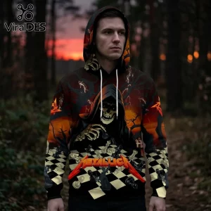 Metallica hoodie with grim reaper playing chess on checkerboard over sunset forest background in orange black and white!