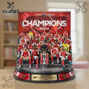 Arsenal FC 2025/26 Premier League Champions commemorative statue with team players and trophy on red brick background!