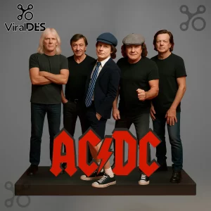 AC/DC band portrait! Five musicians, including Angus Young in suit and cap, stand near red lightning bolt logo! Classic rock vibe!