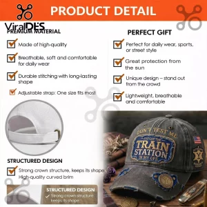 Distressed charcoal baseball cap with Yellowstone Dutton Ranch embroidery and text Dont Test Me I Got The Train Station!