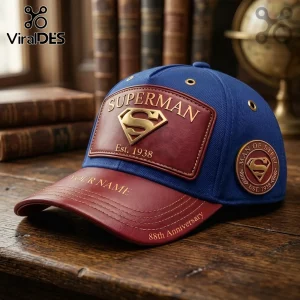 Blue and maroon Superman baseball cap with leather patches, gold metal S logo, and custom name text embroidery!