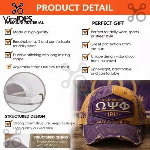 Distressed purple and gold baseball cap featuring Omega Psi Phi Brotherhood 1911 embroidery and Greek letters!