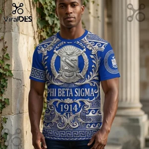 Royal blue t-shirt with silver metallic Greek crest Phi Beta Sigma 1914 graphic print and intricate filigree patterns!