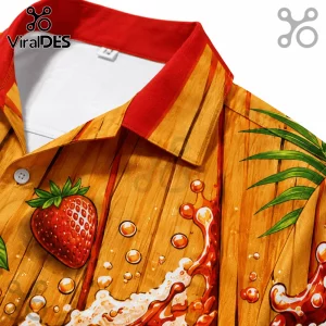 Button down shirt with red collar features wood grain pattern, strawberries, green palm leaves, and splashing liquid!