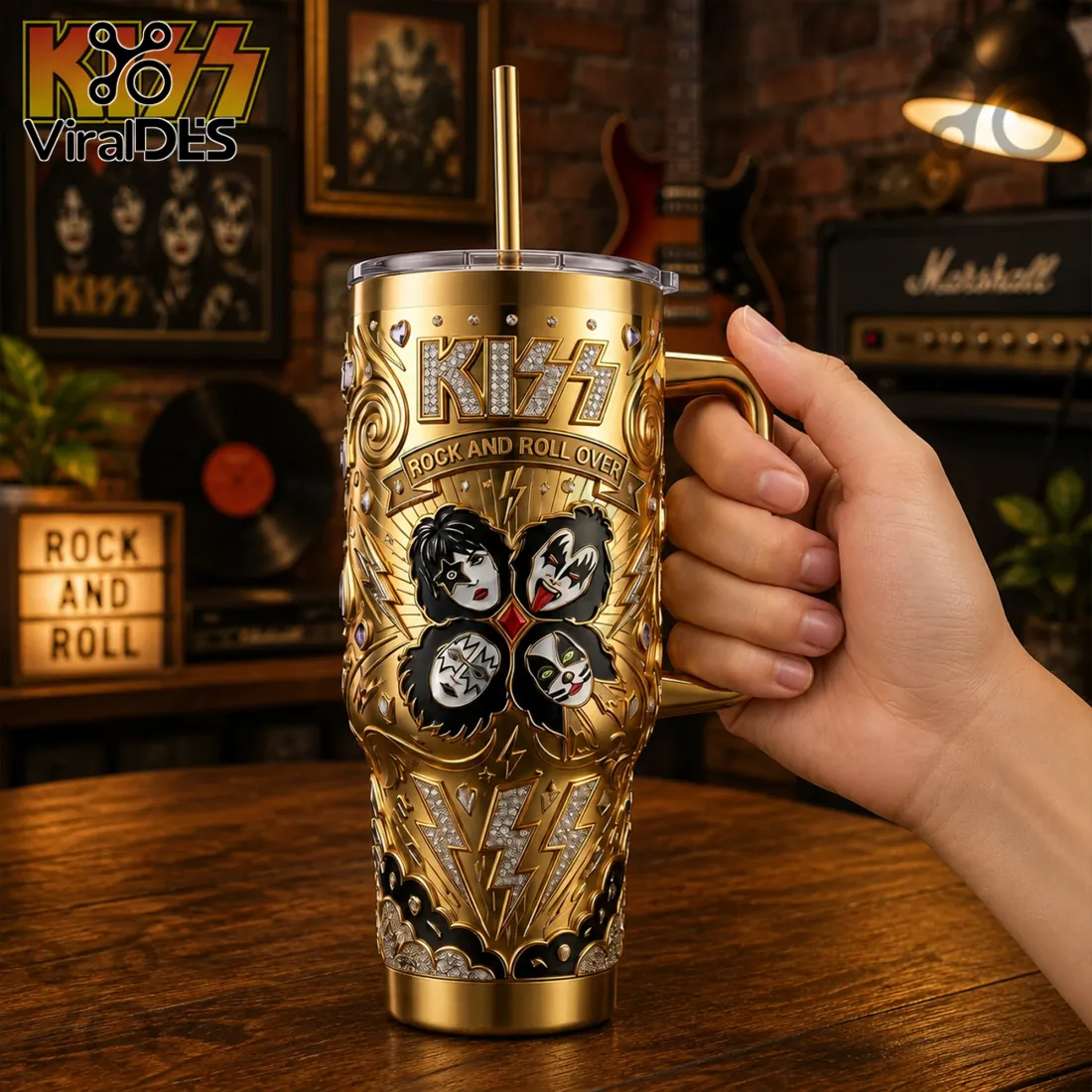KISS Rock and Roll Over Gold Studded Collectible Handle Tumbler KISS Rock and Roll Over Gold Studded Collectible Handle Tumbler