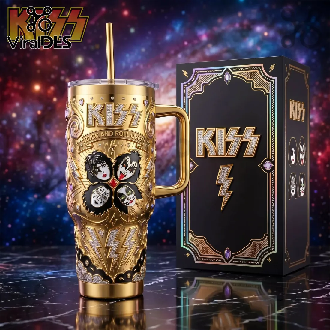 KISS Rock and Roll Over Gold Studded Collectible Handle Tumbler KISS Rock and Roll Over Gold Studded Collectible Handle Tumbler