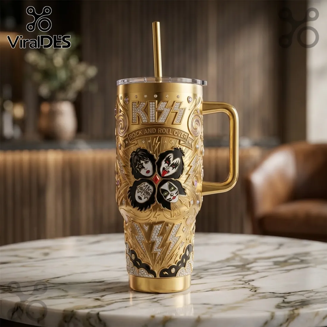 KISS Rock and Roll Over Gold Studded Collectible Handle Tumbler KISS Rock and Roll Over Gold Studded Collectible Handle Tumbler