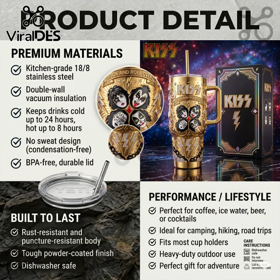 KISS Rock and Roll Over Gold Studded Collectible Handle Tumbler KISS Rock and Roll Over Gold Studded Collectible Handle Tumbler