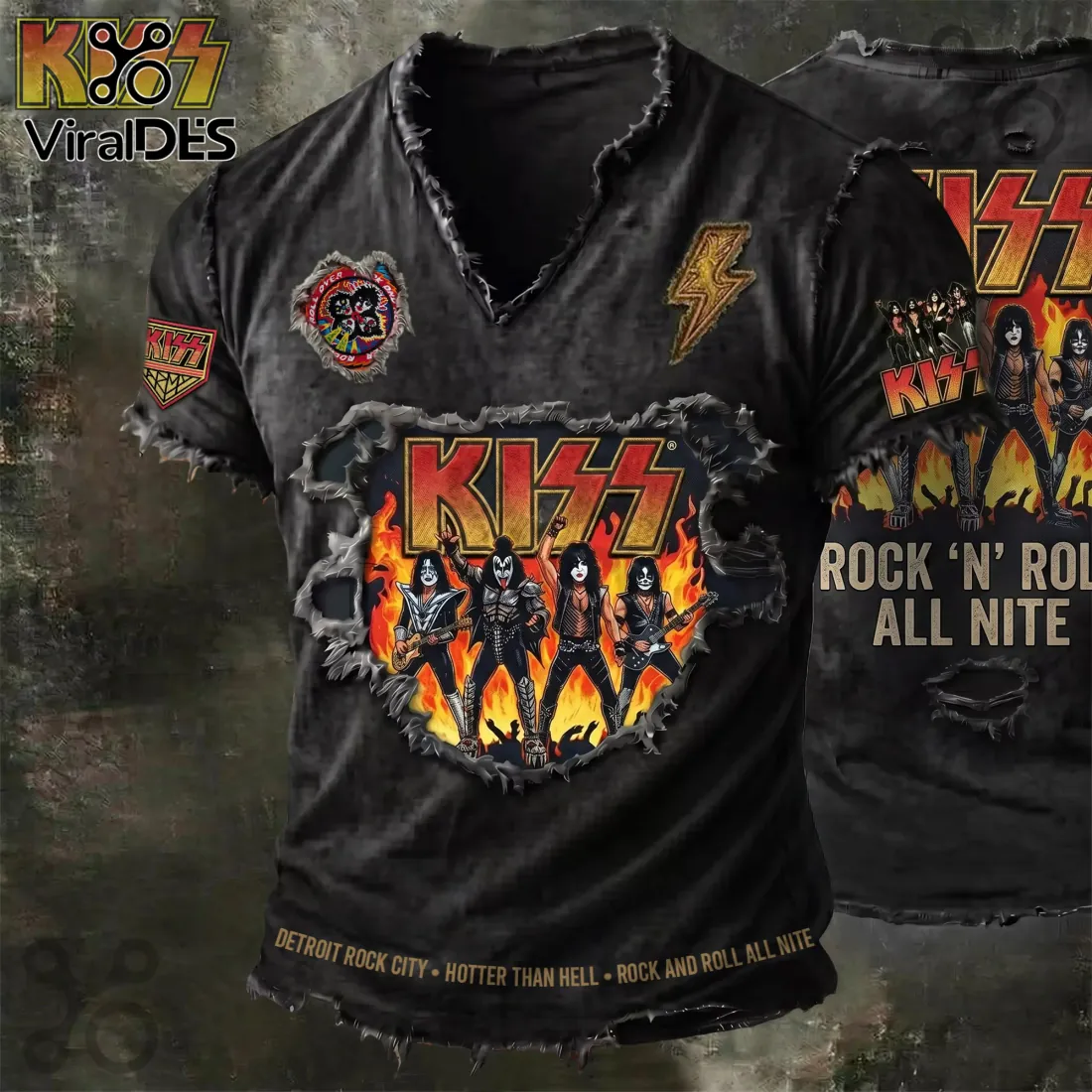 KISS Rock N Roll All Nite Distressed V-Neck Band Shirt KISS Rock N Roll All Nite Distressed V-Neck Band Shirt