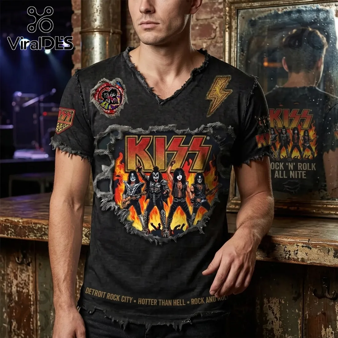 KISS Rock N Roll All Nite Distressed V-Neck Band Shirt KISS Rock N Roll All Nite Distressed V-Neck Band Shirt