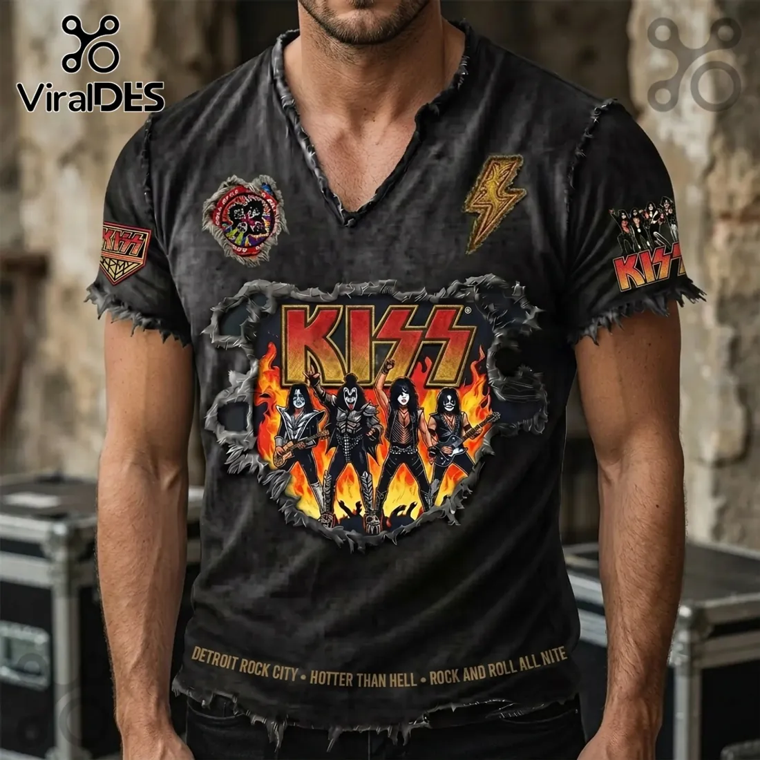 KISS Rock N Roll All Nite Distressed V-Neck Band Shirt KISS Rock N Roll All Nite Distressed V-Neck Band Shirt