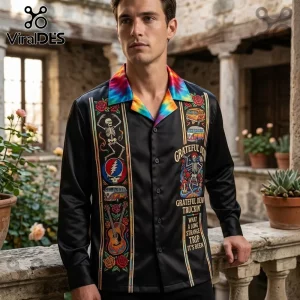 Black button down shirt with Grateful Dead graphics, skeleton, roses, and tie dye collar on a man outdoors!