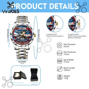 Top Gun 40th anniversary metal watch with red white and blue dial featuring fighter jets and movie logo!