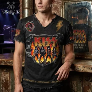 KISS Rock N Roll All Nite Distressed V-Neck Band Shirt