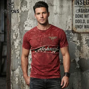 Distressed red grunge t-shirt with silver Van Halen wing logo and black ripped band graphic featuring Van Halen text!