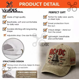 Khaki AC/DC cap, distressed, red logo, bell, 'HIGH VOLTAGE', 'FOR THOSE ABOUT TO ROCK WE SALUTE YOU', 'EST. 1973'!