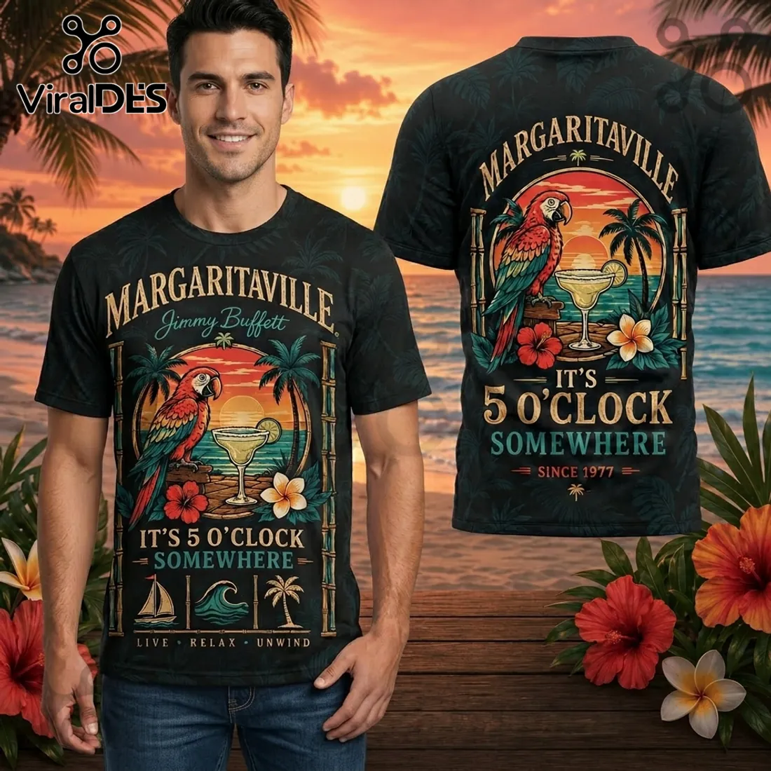 Margaritaville Jimmy Buffett Since 1977 Parrot Sunset Beach Shirt Margaritaville Jimmy Buffett Since 1977 Parrot Sunset Beach Shirt