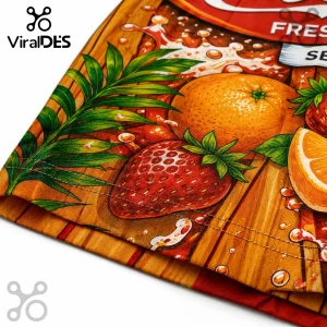 Close up of vibrant fruit print fabric featuring oranges, strawberries, palm leaves, and splashes on a wood background!