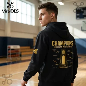 Black hoodie with gold Champions Michigan Wolverines text, NCAA trophy graphic, and signatures on the back!