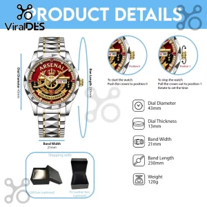 Arsenal FC branded silver and gold watch with red dial featuring crown logo and Golden Gunners text on white background!