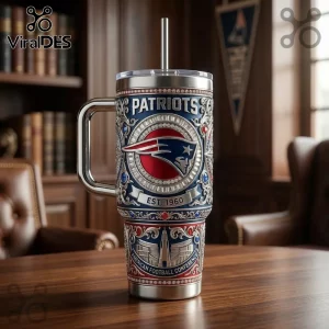 Silver New England Patriots tumbler with handle, straw, ornate red, blue, clear gem accents, 
