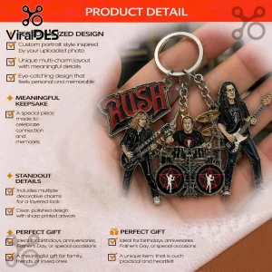 Silver, red, black Rush band metal keychain with three detailed figures, band logo, and