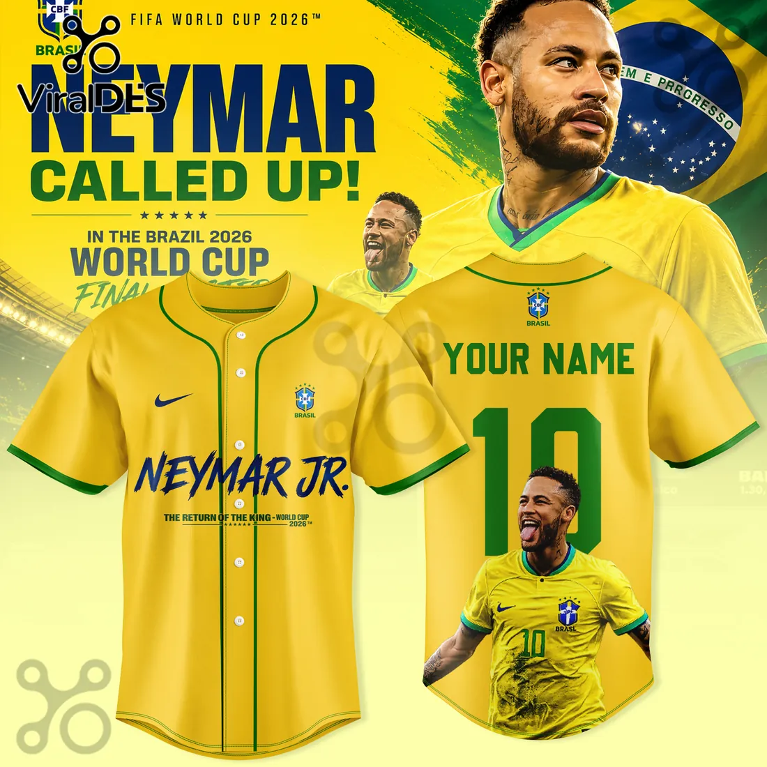 Neymar Jr Brazil National Team World Cup 2026 Yellow Baseball Jersey Neymar Jr Brazil National Team World Cup 2026 Yellow Baseball Jersey