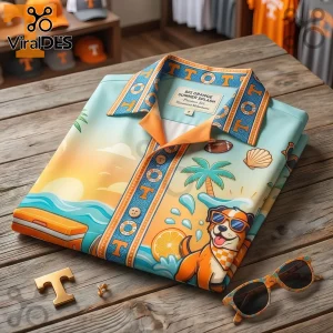 Button down shirt featuring orange T logo pattern, beach dog illustration, palm trees, and Big Orange Summer Splash text!