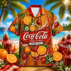 Coca-Cola Tropical Fruit Orange Strawberry Vintage Wood Hawaiian Shirt