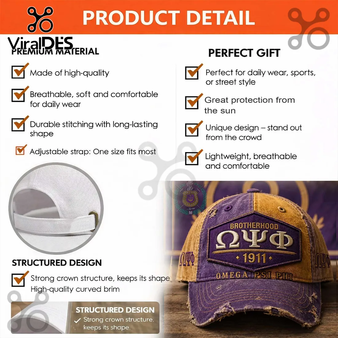 Omega Psi Phi Brotherhood 1911 Distressed Baseball Cap Omega Psi Phi Brotherhood 1911 Distressed Baseball Cap