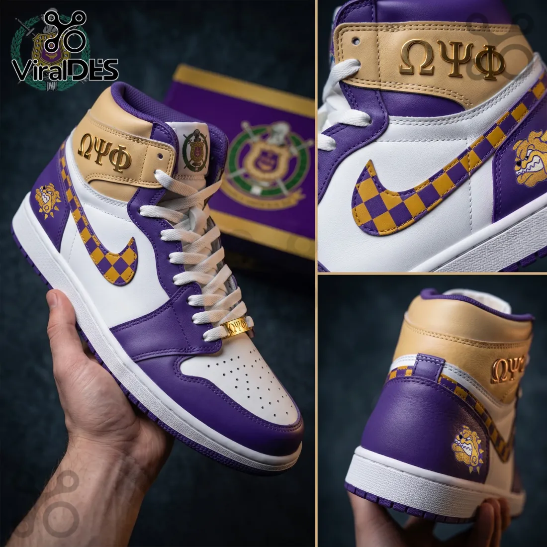 Omega Psi Phi Fraternity Purple and Gold AJ1 High Top Sneakers Omega Psi Phi Fraternity Purple and Gold AJ1 High Top Sneakers